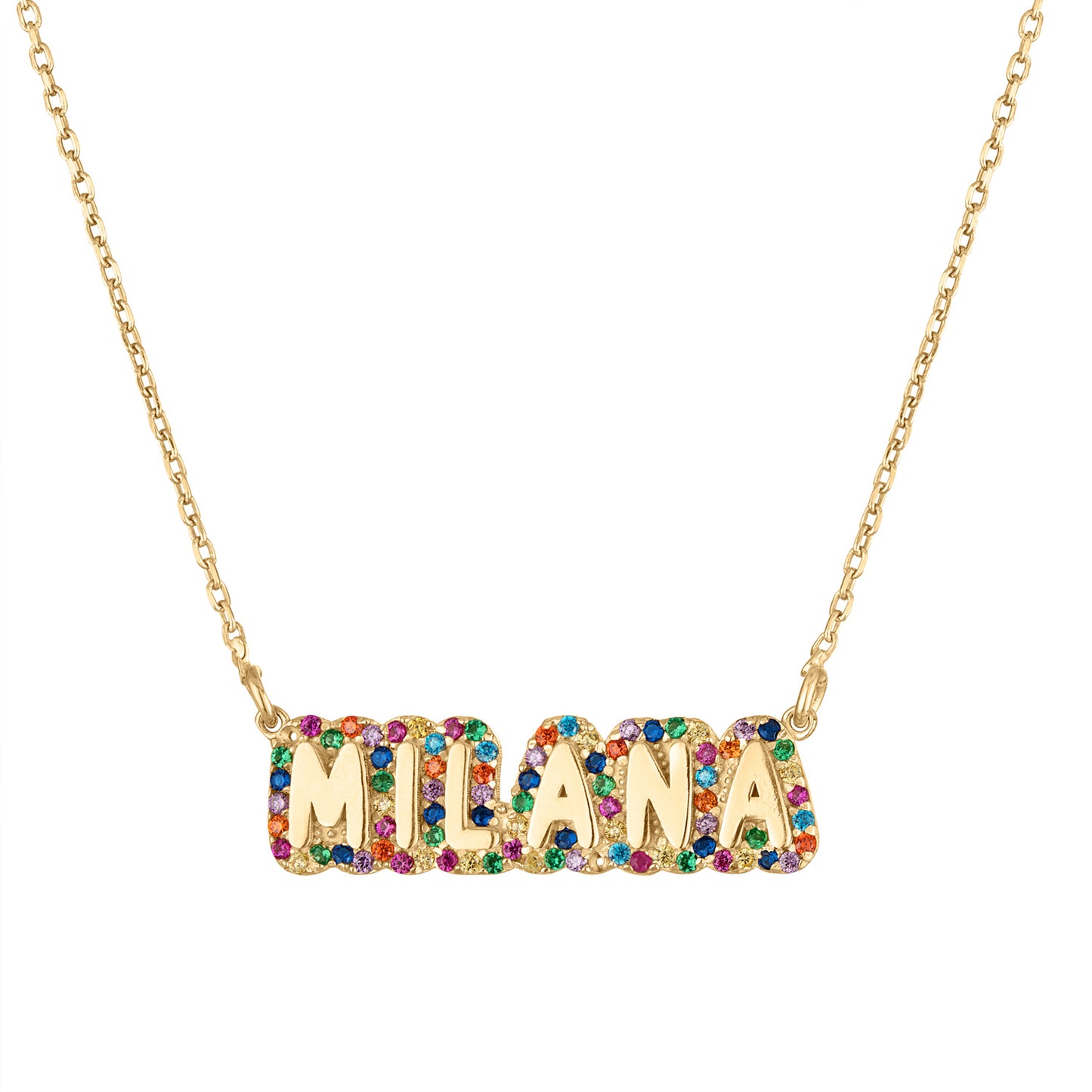 Multi Color Pave Bubble Name Necklace